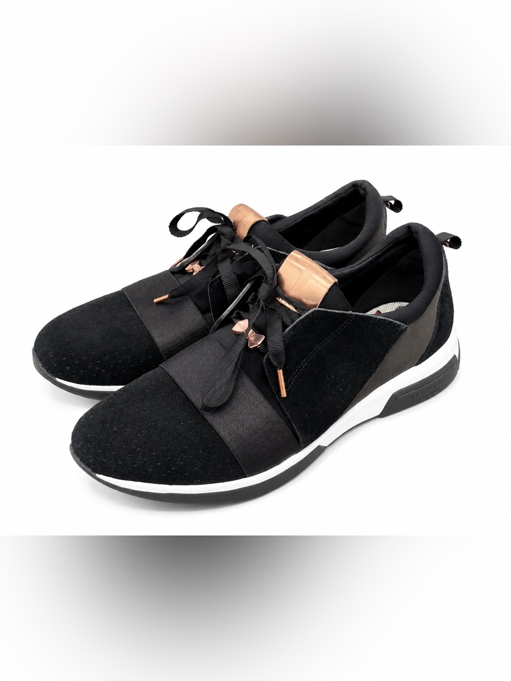 Ted Baker Black Suede Rose Gold Bow Cepap Sneaker Coquette Whimsigoth Sz‎ 8.5